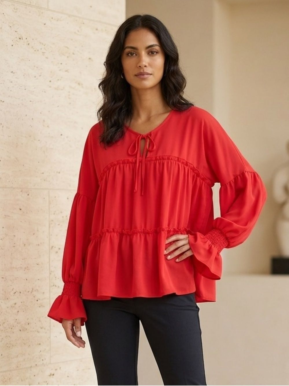 Take 50% OFF- TCEC Ruffle Tiered V-Neck Tie Blouse, Size-L